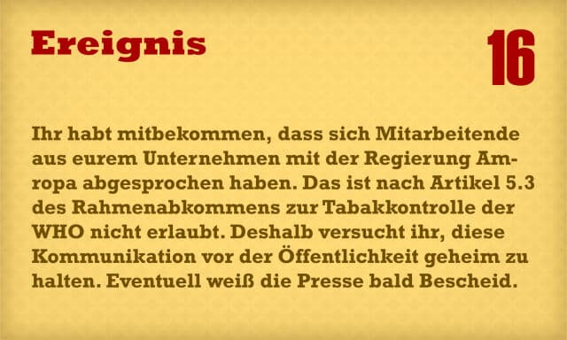 Event card, contacts between tobacco corporation and government, simulation game Tobacco in Bralawia